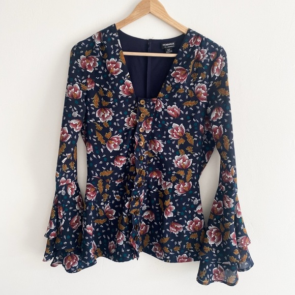 Hommage From Los Angeles Women’s Floral Blouse, Navy Blue, Size Small - Picture 7 of 12